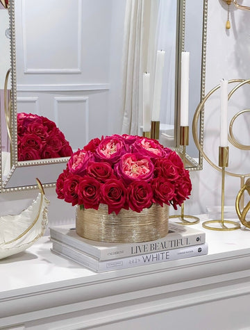 Modern Romantic Real Touch Rose Centerpiece in Ceramic Gold Vase